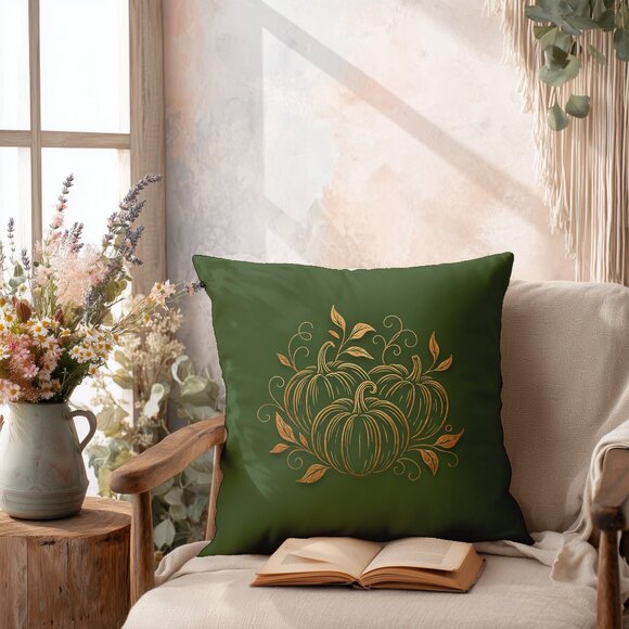 Autumn Pumpkin Floral Square Pillowcase - Green - Picture 1 of 8